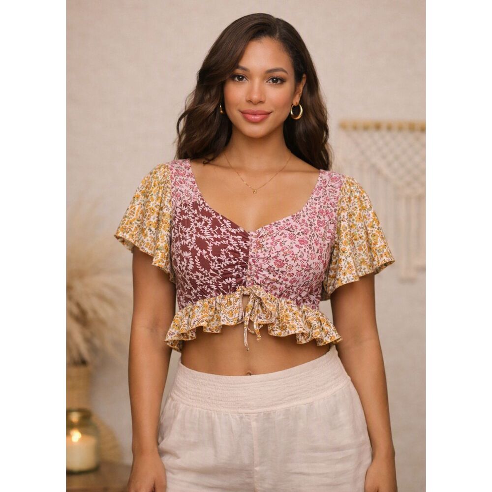 Sacred Threads Boho Patchwork Flutter‑Sleeve Crop Top Size L/XL
